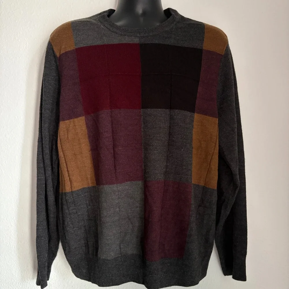 DOCKERS Mens XL Long Sleeve Crew Neck Sweater‎ Plaid Patchwork Academia Preppy